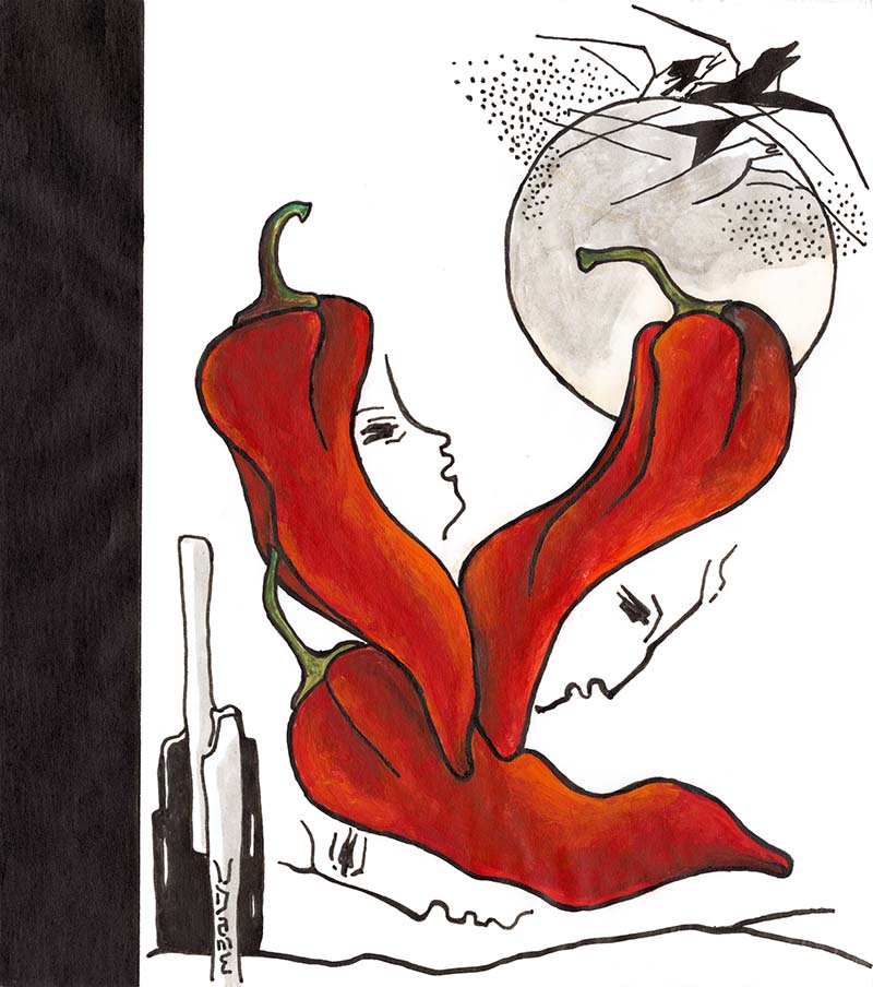 Sonoran Desert Chilehead Pen and Ink drawing with Gouache color brushwork on vellum by Dame Perfumery Artist-In-Residence V. Dave Dame