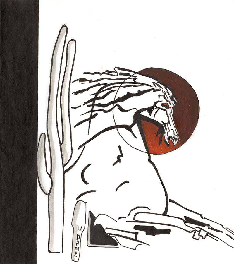 Sonoran Desert Dark Horse Pen and Ink drawing with Gouache color brushwork on vellum by Dame Perfumery Artist-In-Residence V. Dave Dame