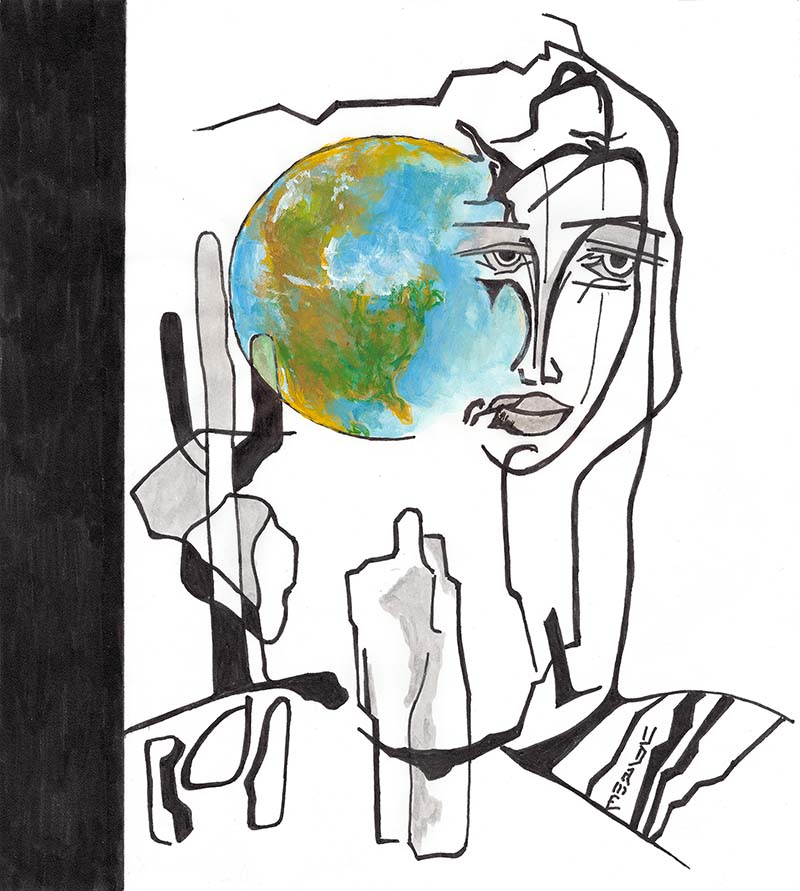 Sonoran Desert Earth Mother Pen and Ink drawing with Gouache color brushwork on vellum by Dame Perfumery Artist-In-Residence V. Dave Dame