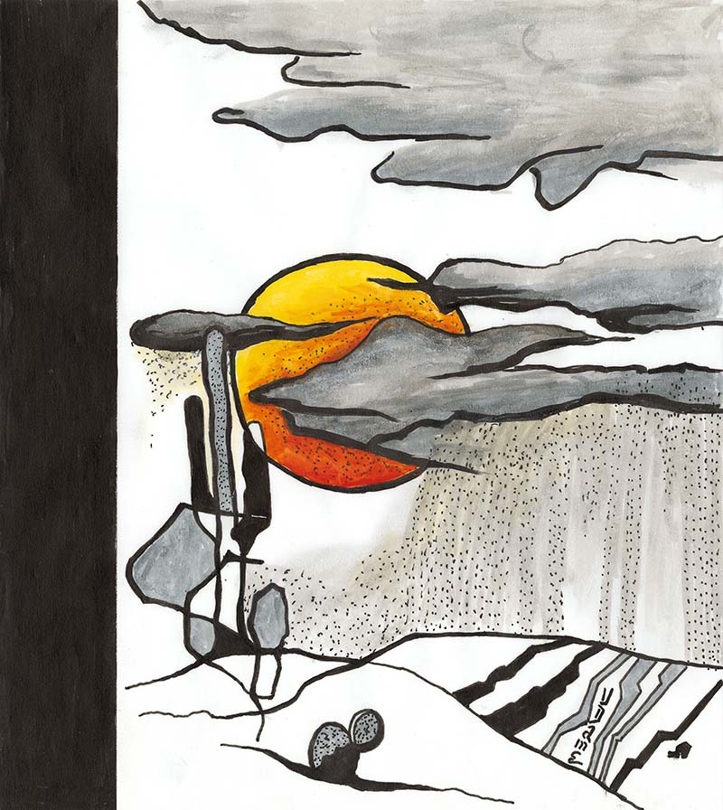 Sonoran Desert Monsoon Pen and Ink drawing with Gouache color brushwork on vellum by Dame Perfumery Artist-In-Residence V. Dave Dame